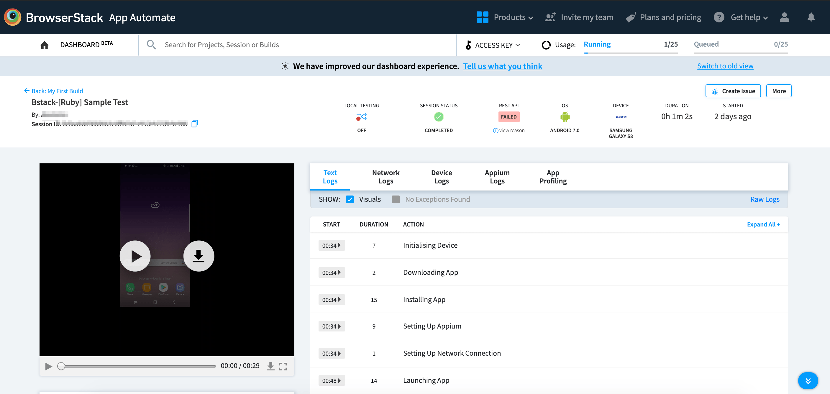 App Automate dashboard view Text Logs in formatted way