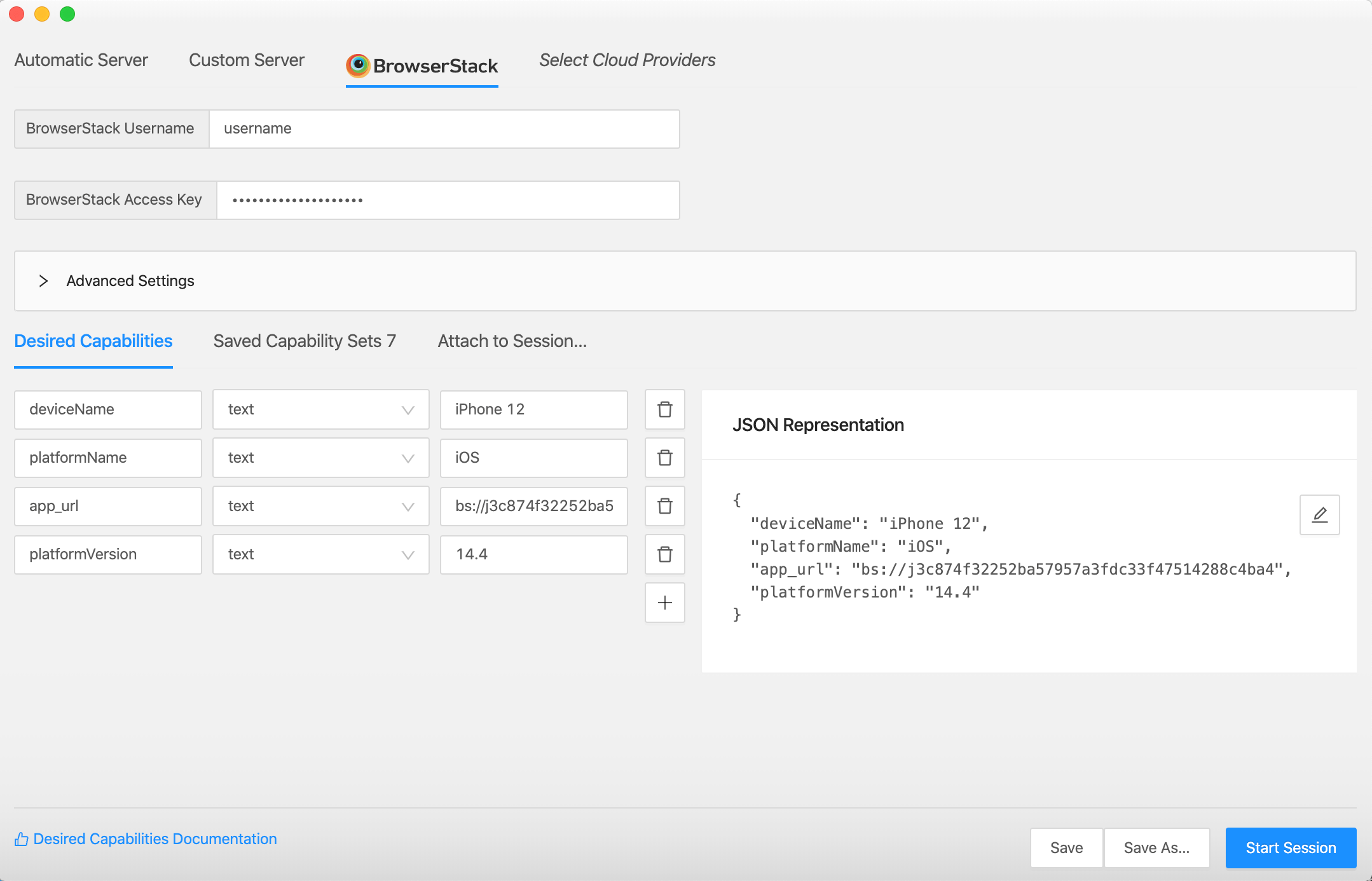 Configure BrowserStack capabilities in the Desired Capabilities tab on Appium Desktop. Use the app_url value obtained in step 1 to set the app capability value