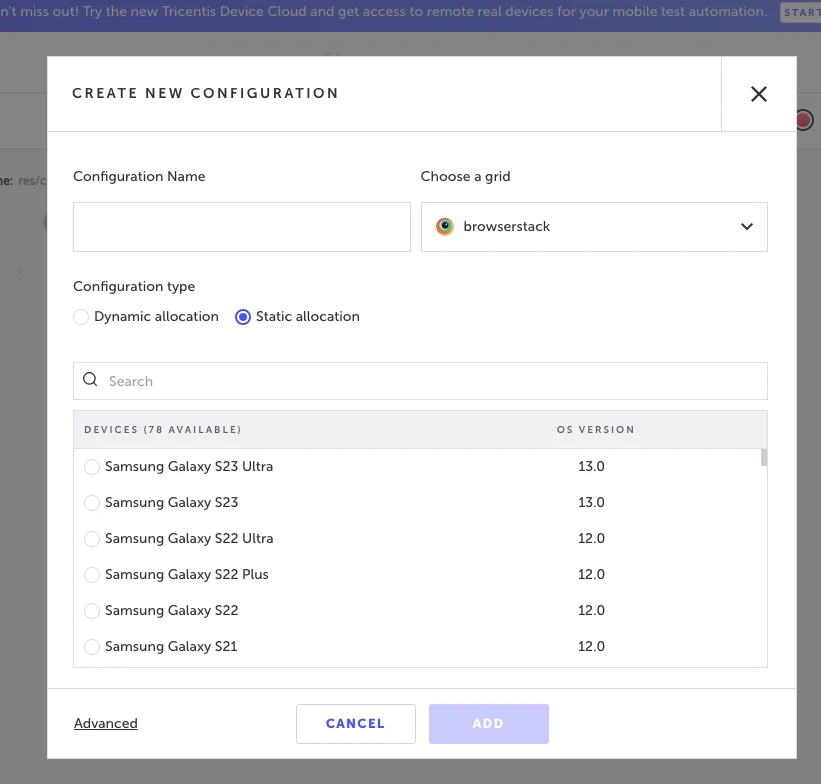 The Create New Configuration dialog showing device selection options
