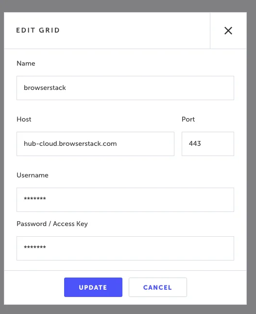 The Edit Grid dialog with BrowserStack configuration details