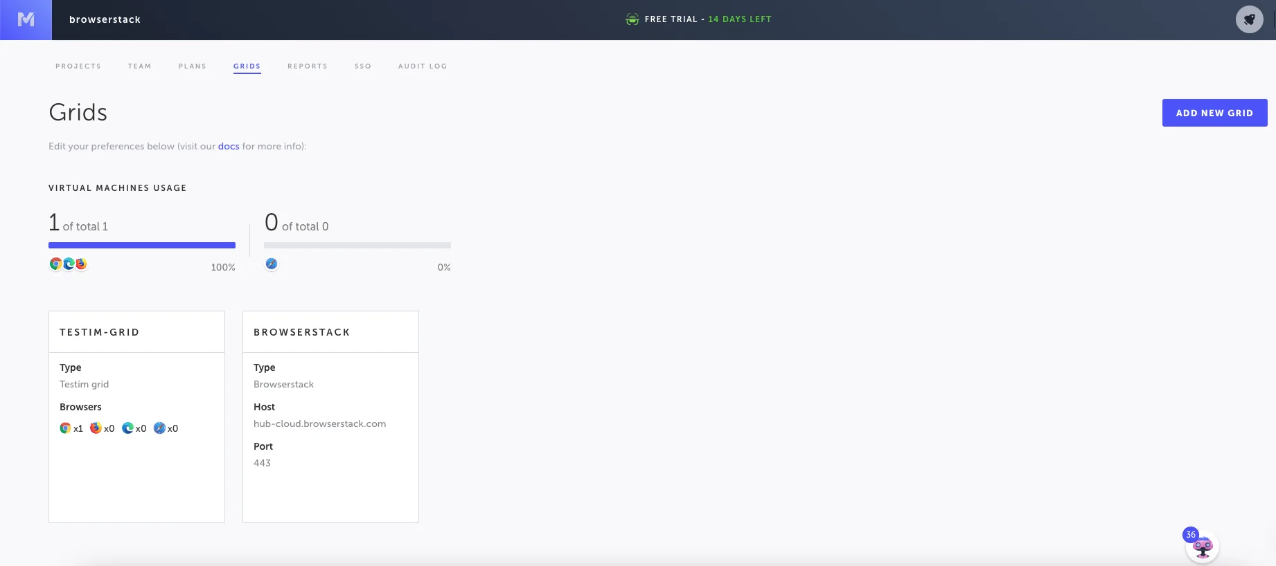 The Grids page in Testim showing available grids
