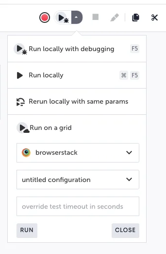 The Run on a grid dropdown showing BrowserStack grid selection