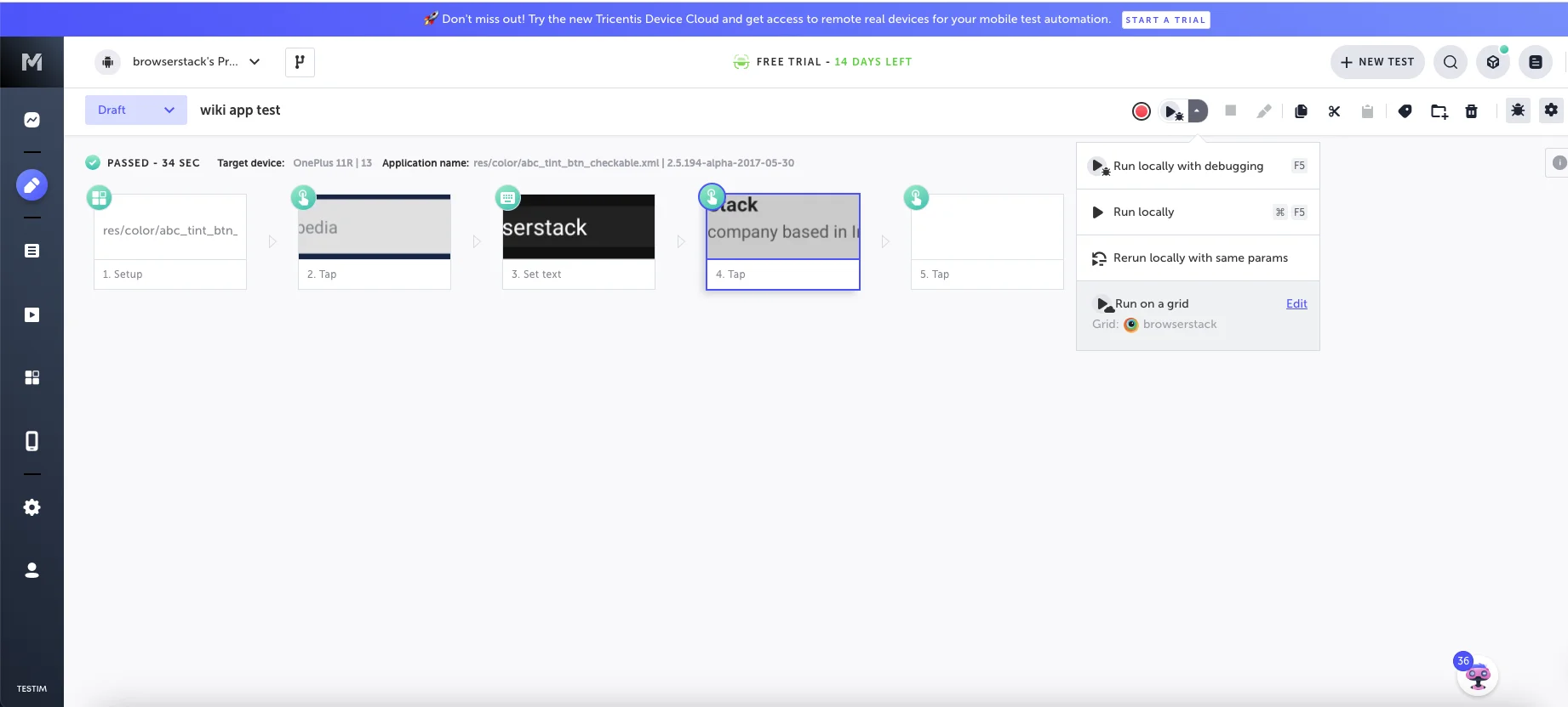 The Testim Editor showing a test ready to run on BrowserStack grid