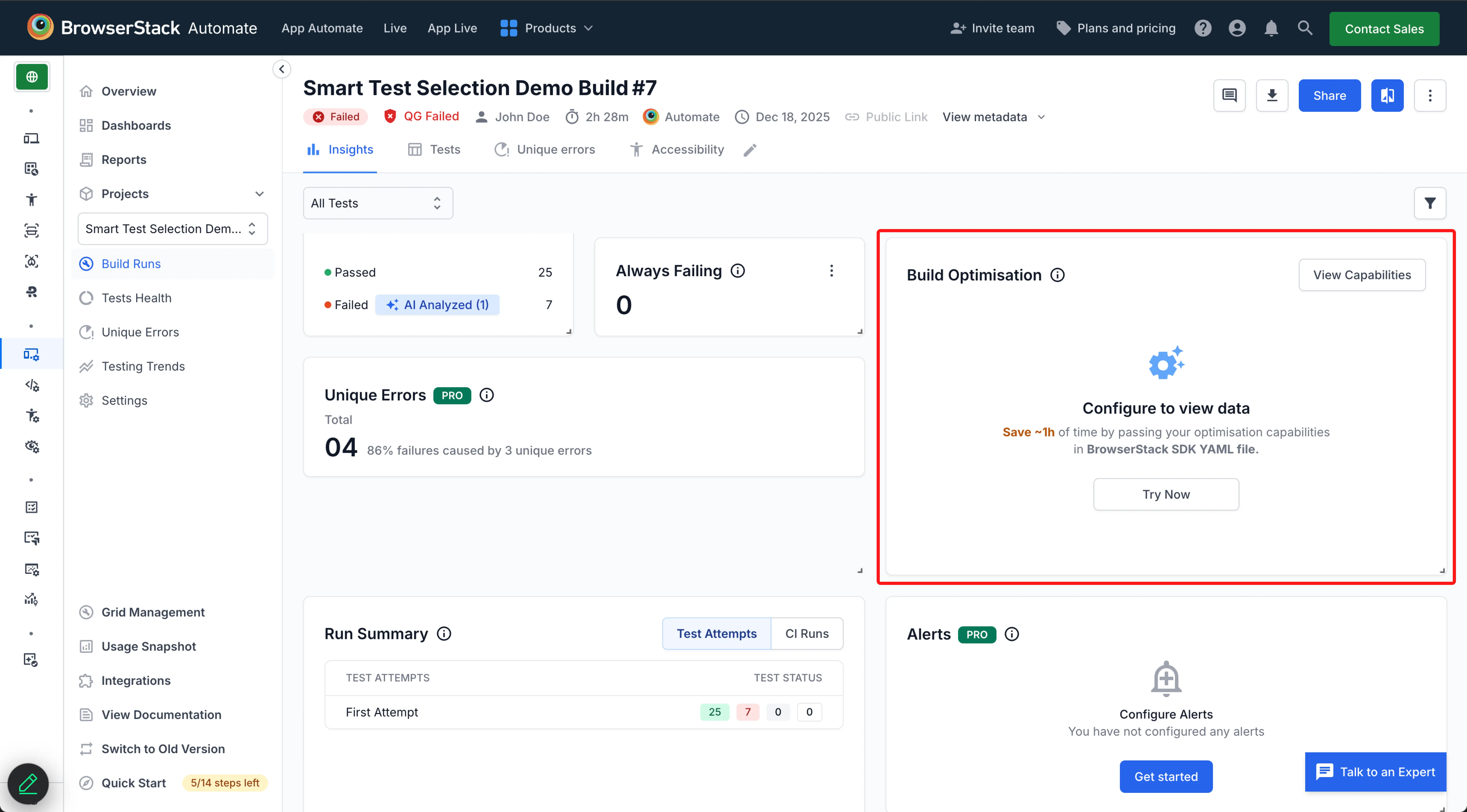 BrowserStack automate dashboard featuring the Build Optimisation widget, used to access Test Orchestration capabilities.