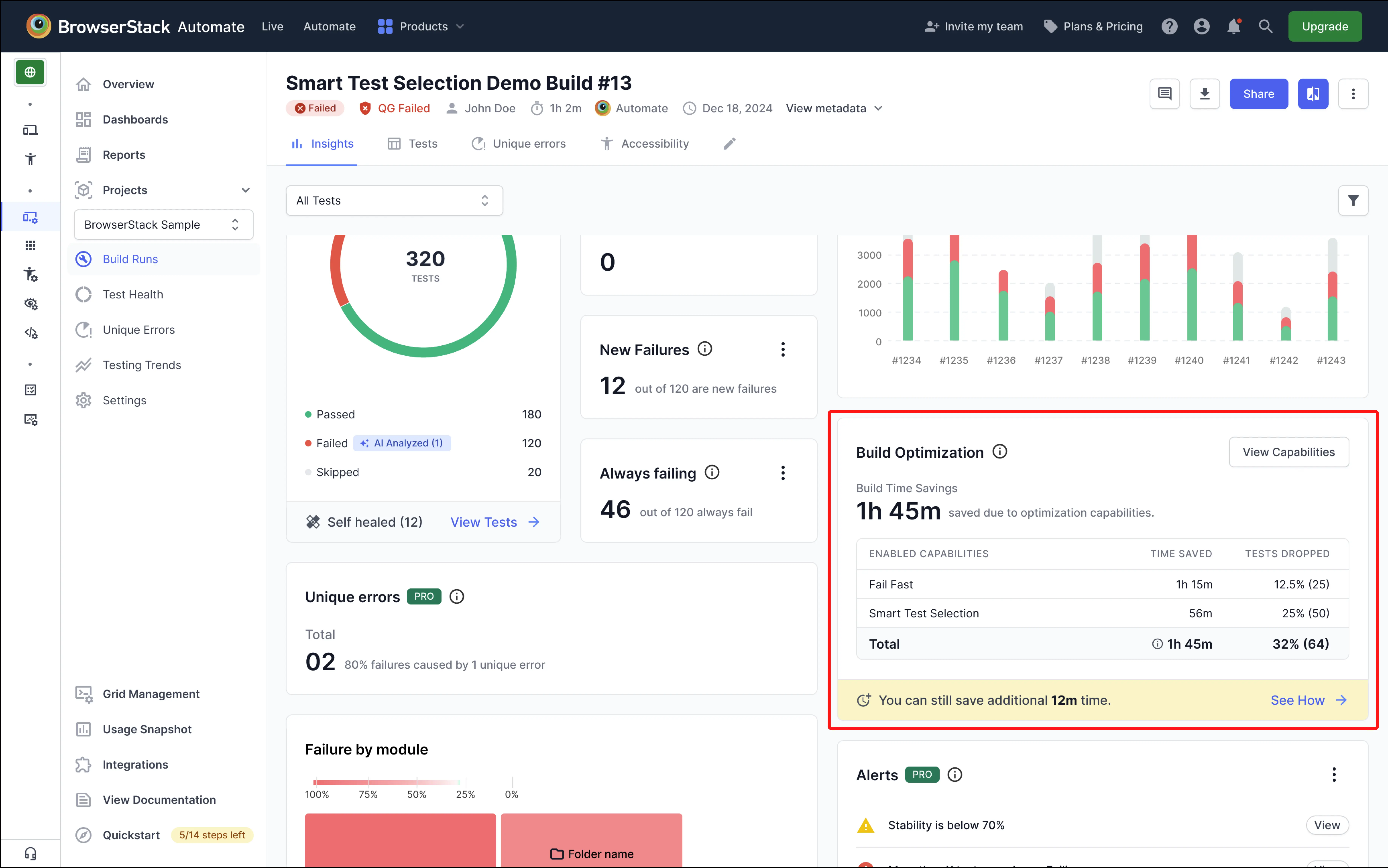 Test orchestration configuration modal showing active strategies and saved results