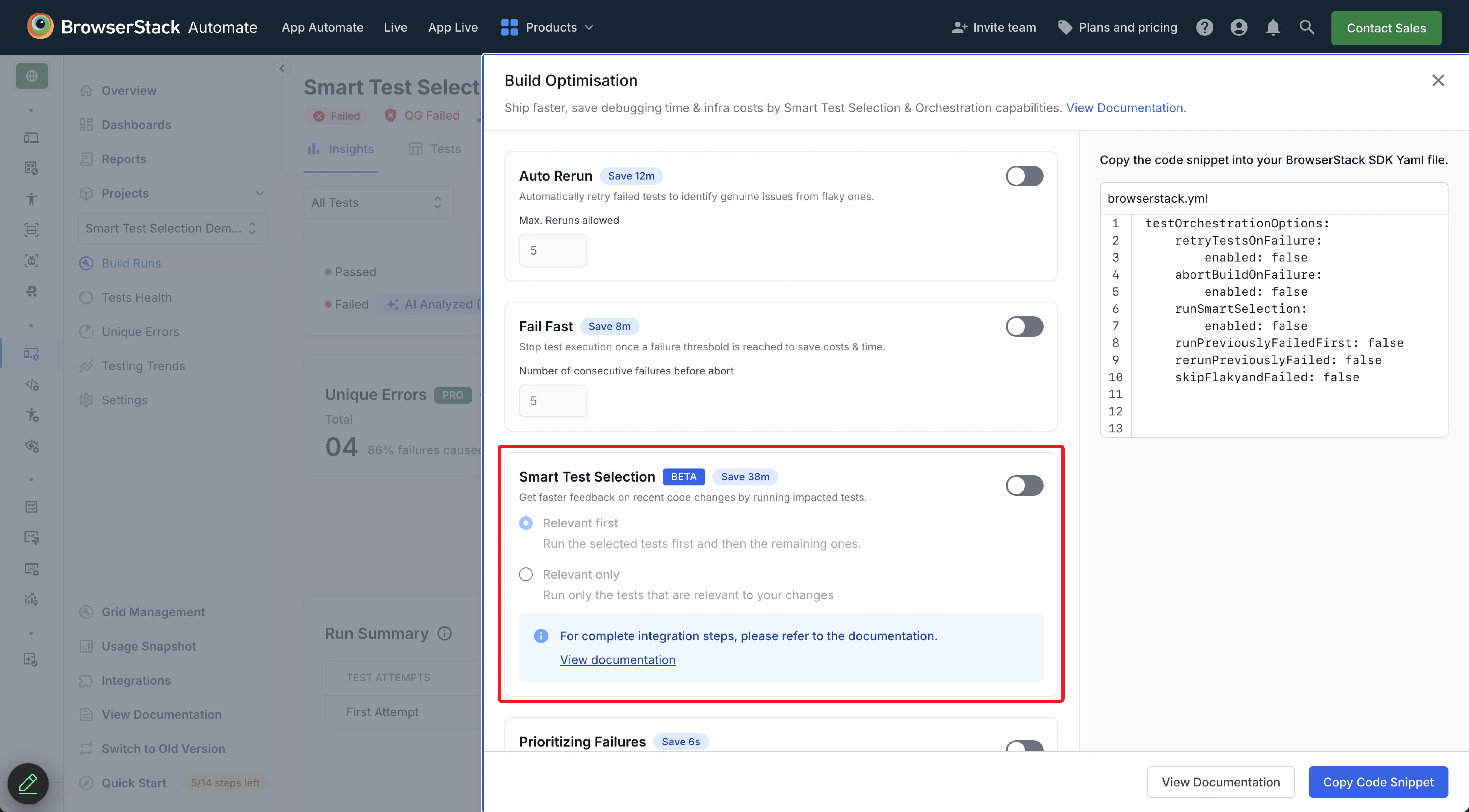 BrowserStack automate dashboard featuring the Build Optimisation widget, used to access Smart Test Selection capability.