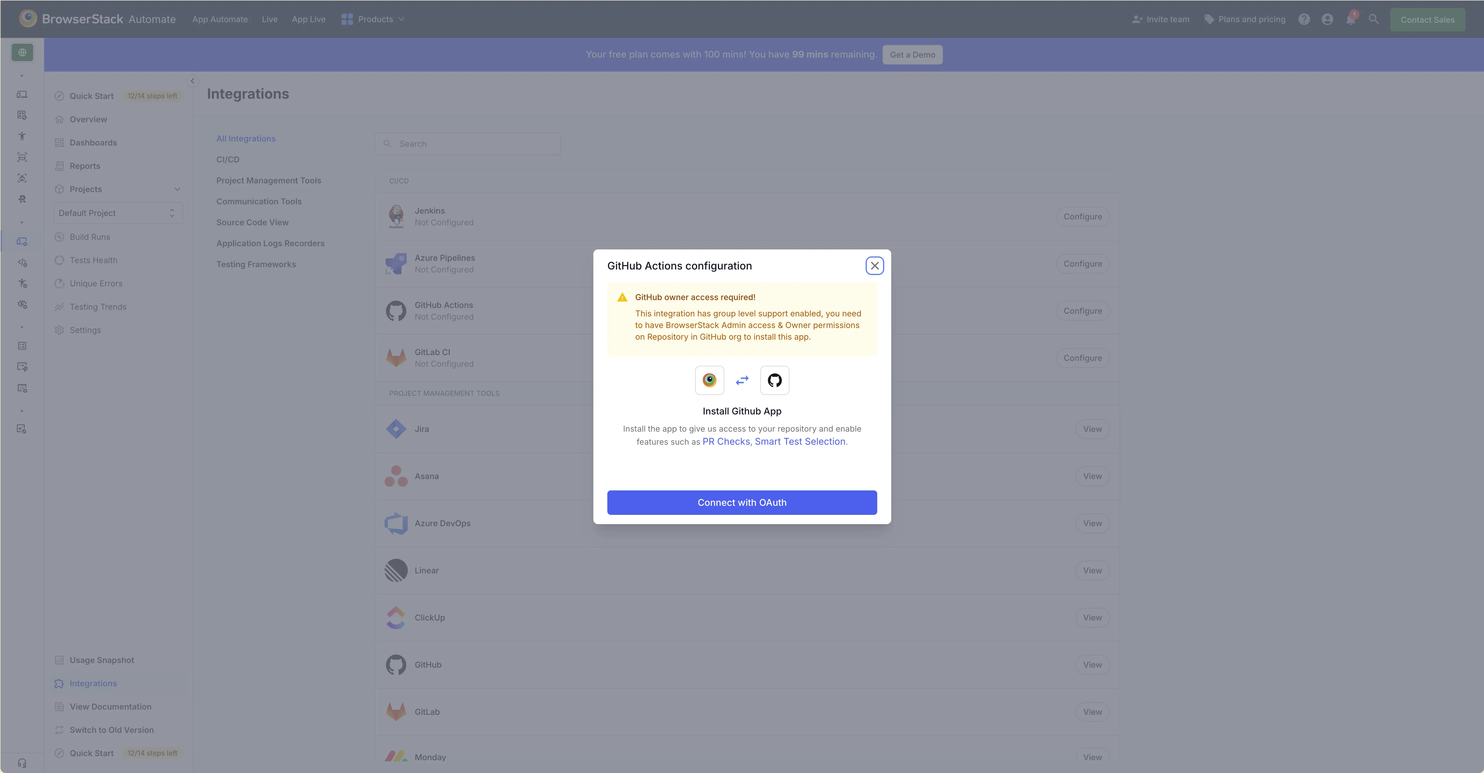 GitHub App installation for Smart Test Selection.