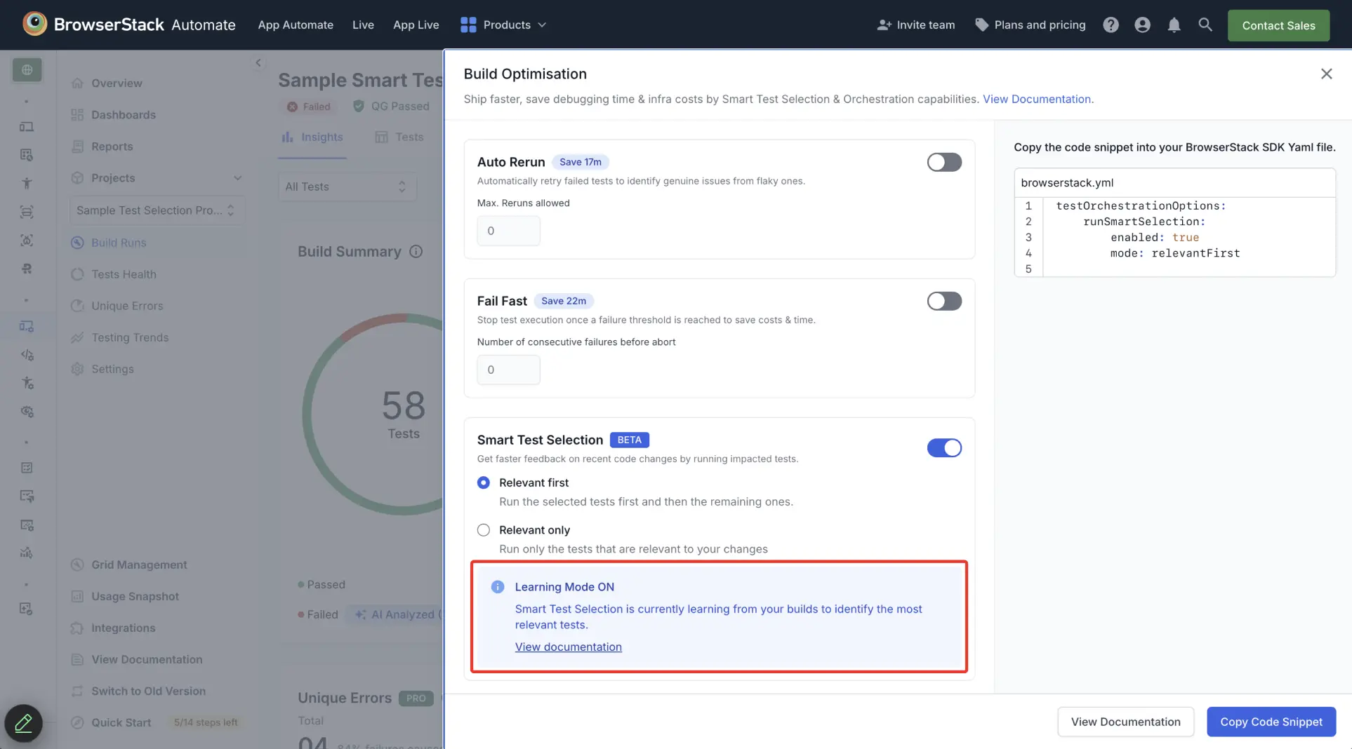 Screenshot of dashboard showing Smart Test Selection enabled and in learning mode