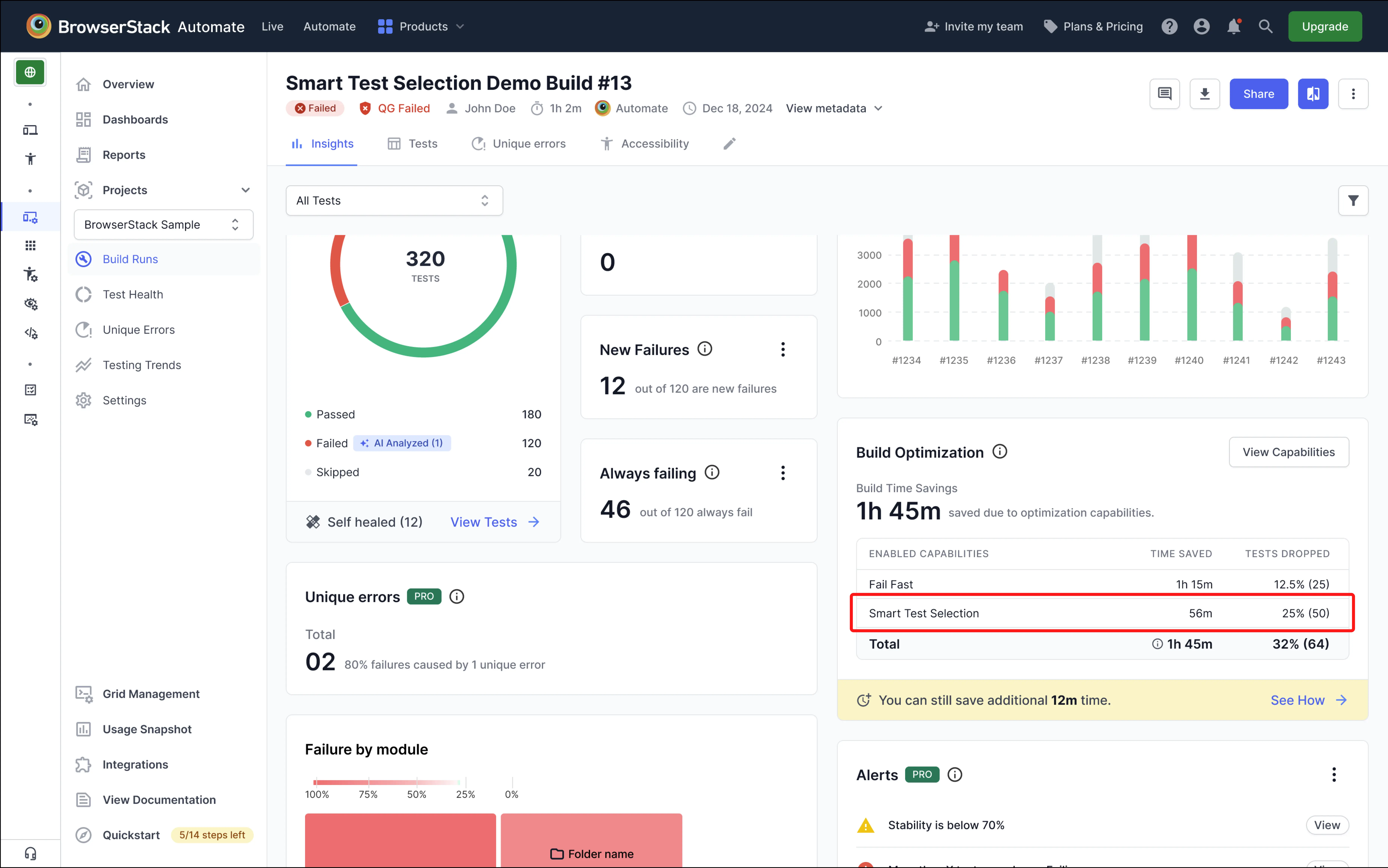Screenshot of dashboard highlighting build time savings