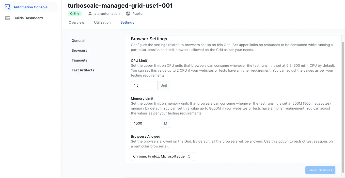 Configure the browser resources under settings