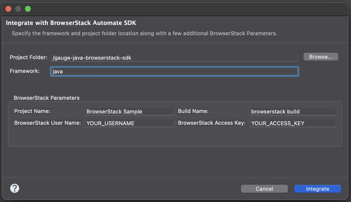Image of the Eclipse IDE showing the Integrate with BrowserStack SDK screen with parameters filled in