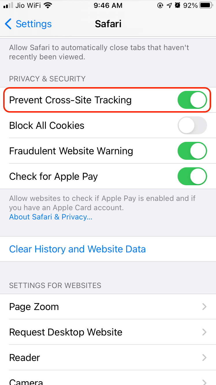 iPhone Prevent Cross Site Tracking Enabled