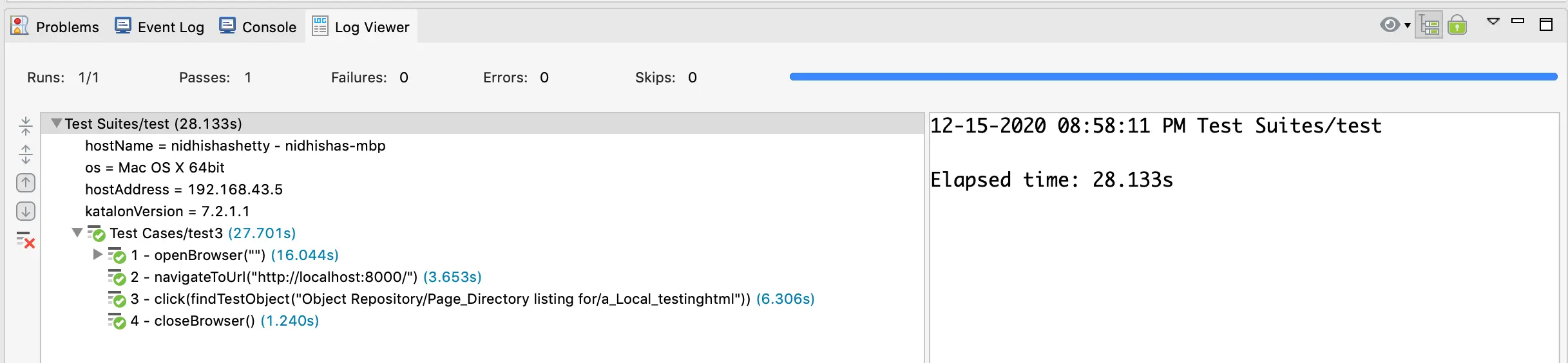 If the test runs successfully on BrowserStack, the Log Viewer tab in Katalon Studio displays the test results