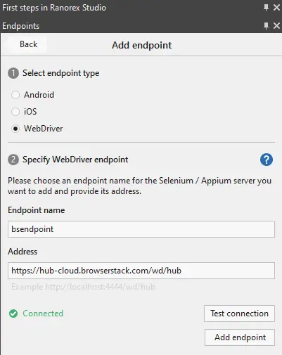 Add the endpoint name, Hub address and test the connection