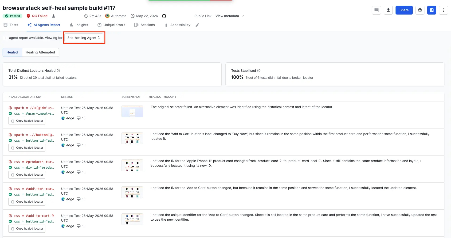 Screenshot of BrowserStack build level self-healed locator entries highlighted with the AI self-heal icon