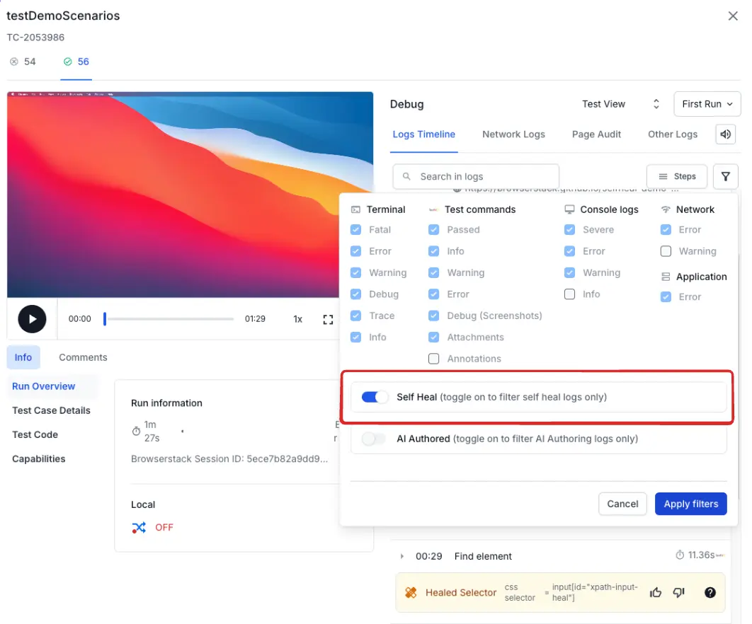 Screenshot of BrowserStack Automate Text Logs page filtered to show only self-healed locator entries highlighted with the AI self-heal icon