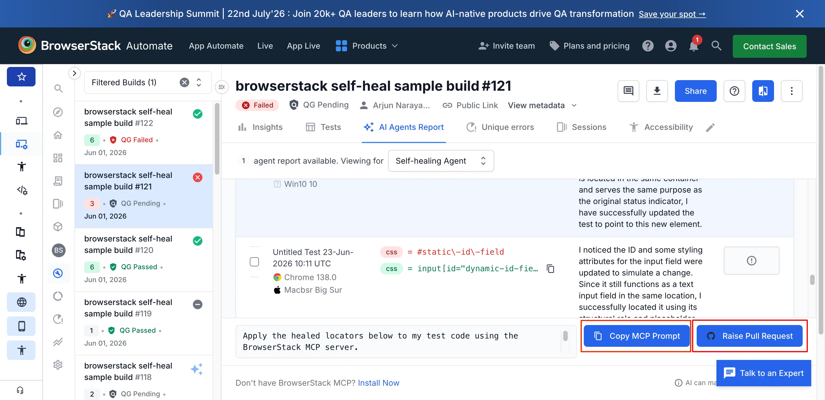 The Raise Pull Request option in the Self-Healing report