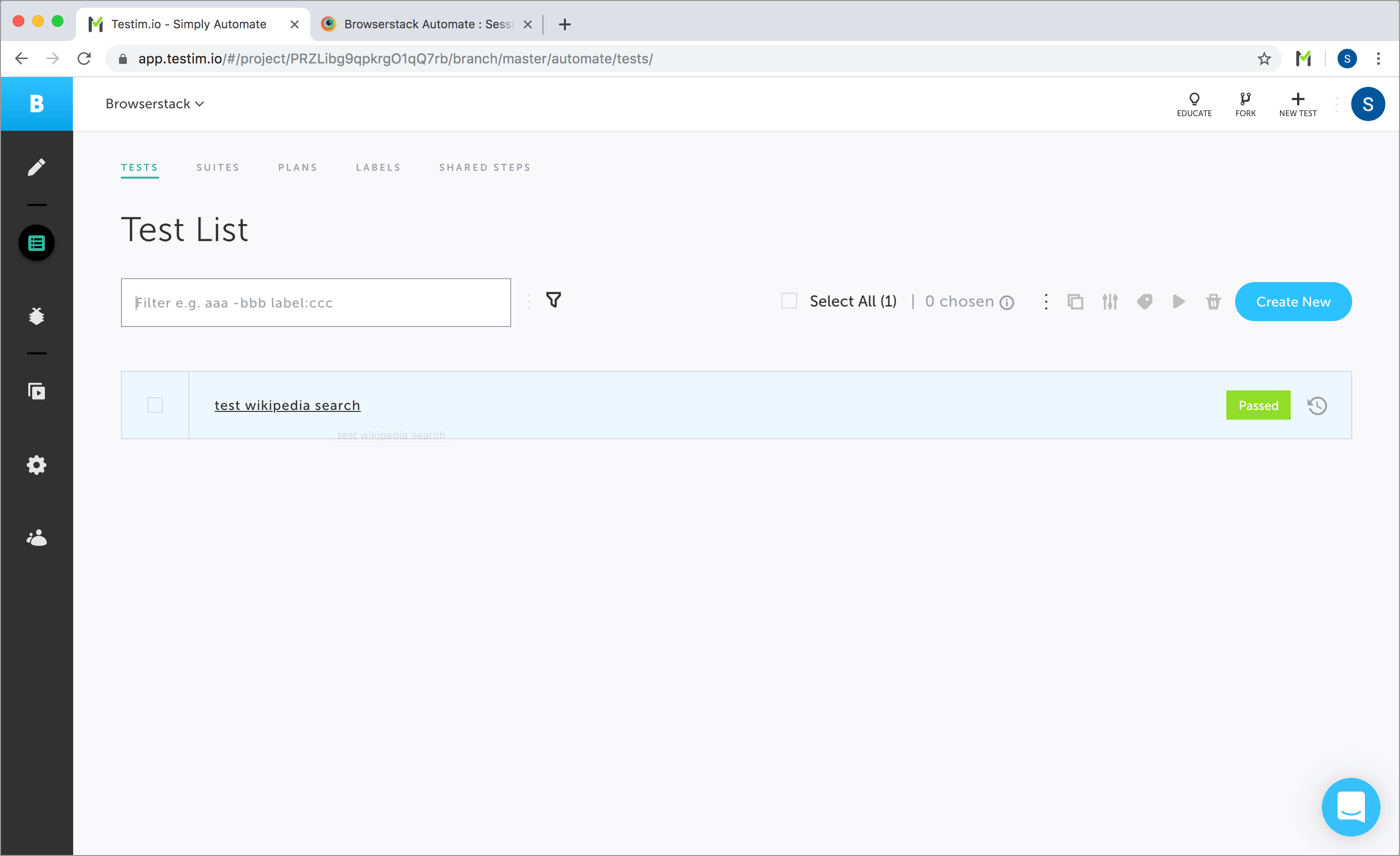 Select test to run on Browserstack