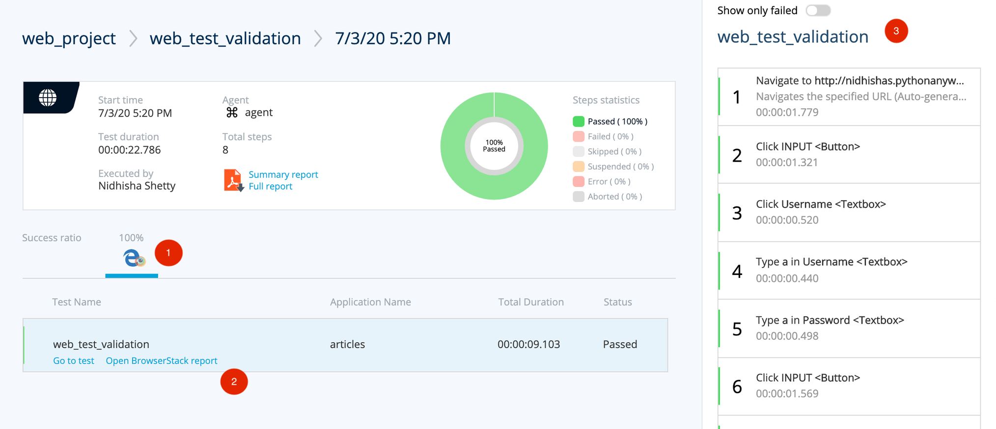Test Project execution reports results
