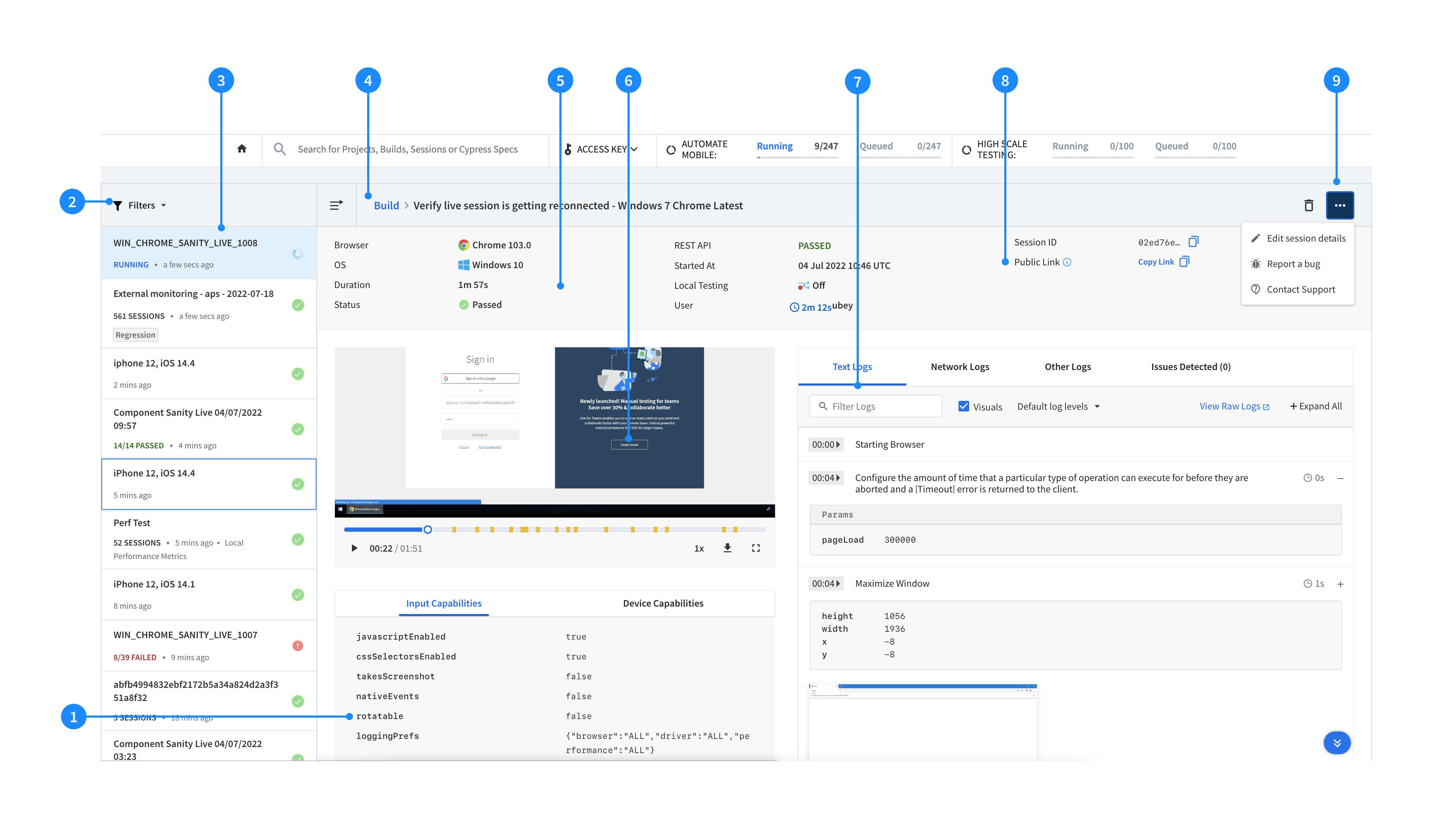 App Automate Dashboard Sessions View