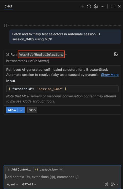 Screenshot showing a GitHub Copilot prompt in VS Code that asks the BrowserStack MCP server to run automated tests using an AI agent, with the resulting tool call and output displayed in the editor