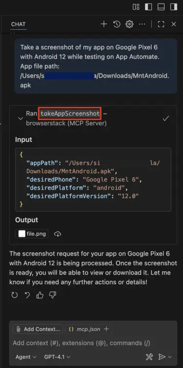 App Automate example prompt and tool call for screenshots