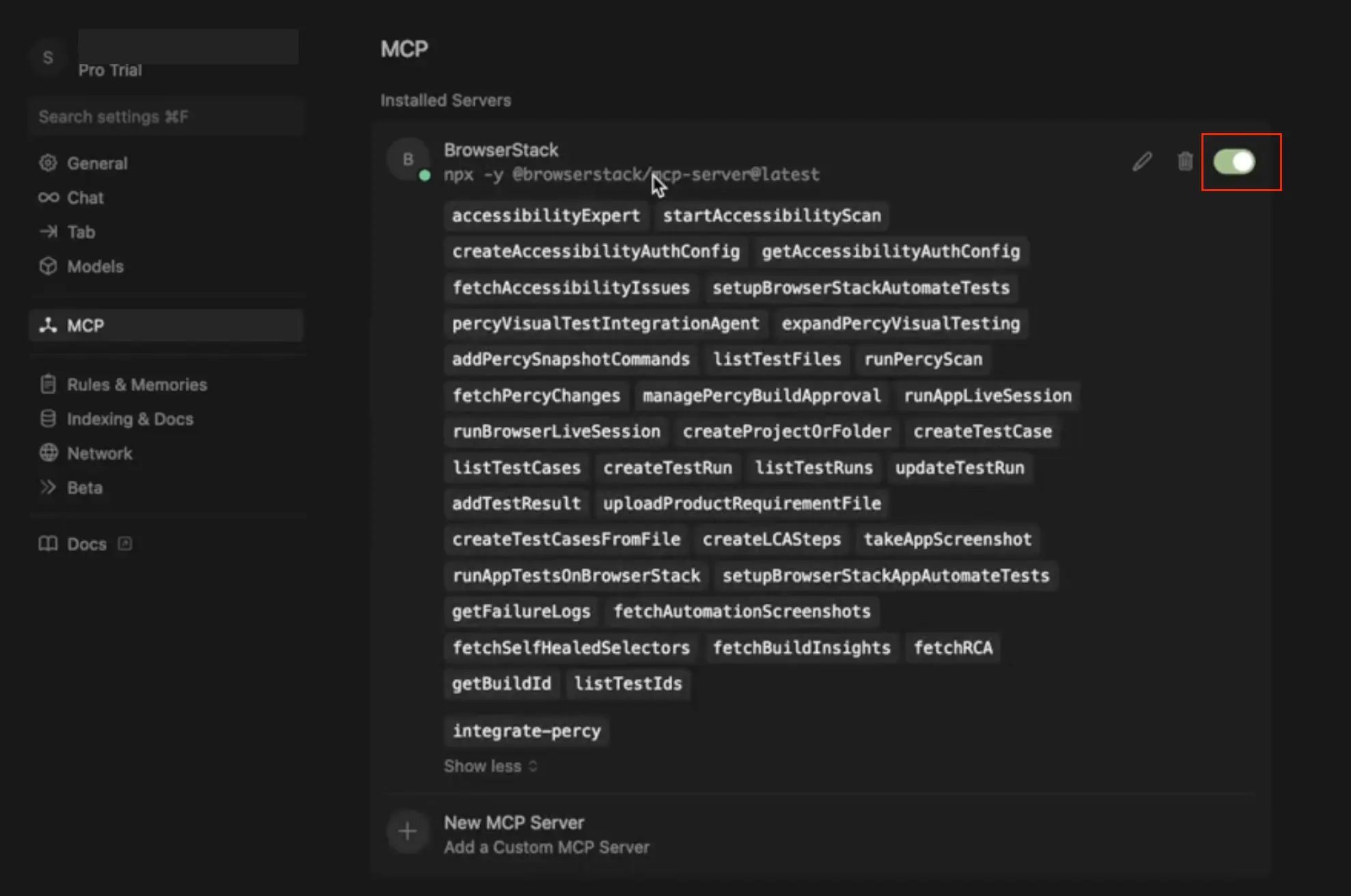 Screenshot of Cursor input fields prompting for BrowserStack username and access key credentials