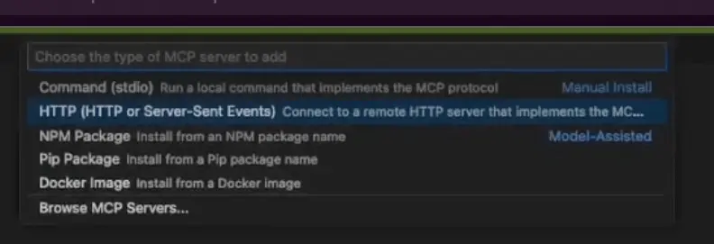 Screenshot showing the HTTP option selection for MCP server configuration