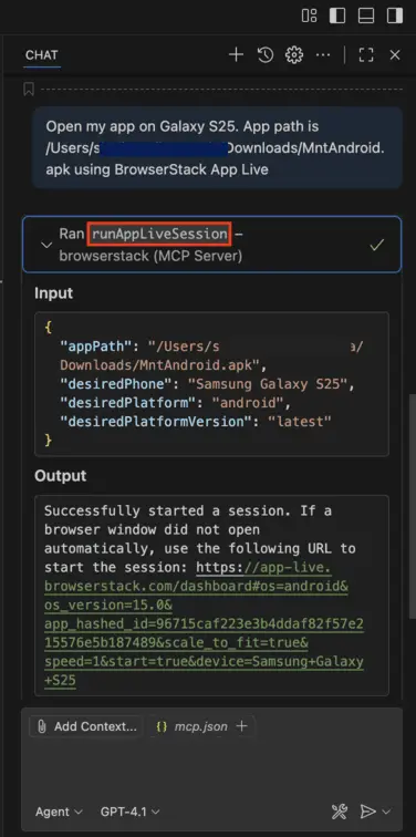 App Live example prompt and tool call