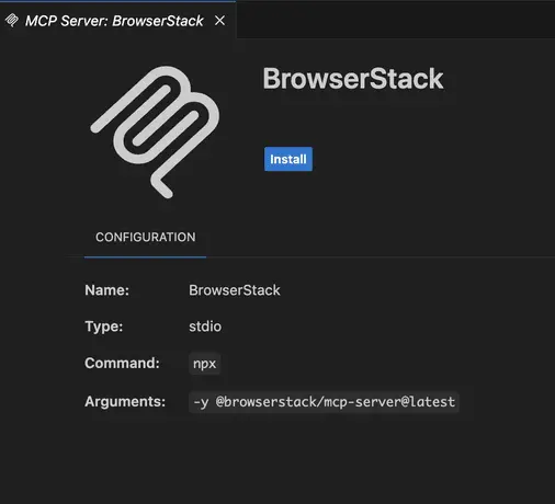 Screenshot showing the BrowserStack MCP server one-click installation page with VS Code installation option