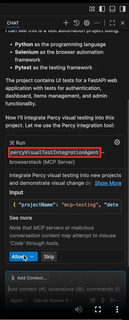 Screenshot of VS Code showing GitHub Copilot agent using Percy MCP server to run visual tests with example prompts and tool responses