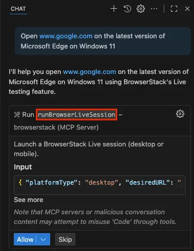 Live example prompt and tool call