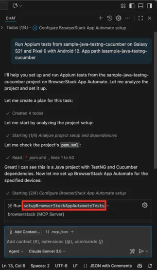 App Automate example prompt and tool call for running tests