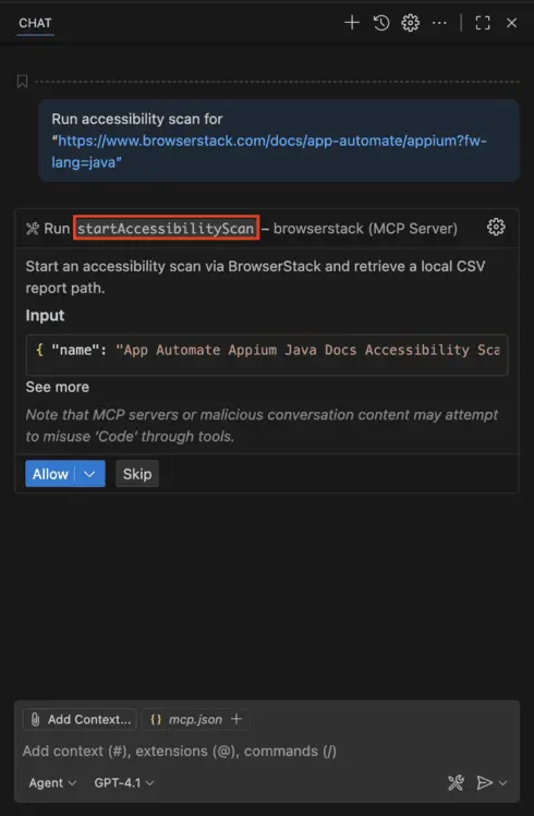 Accessibility example prompt and tool call