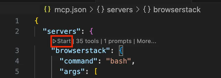 Screenshot showing the Start button in the mcp.json file to run the BrowserStack MCP server