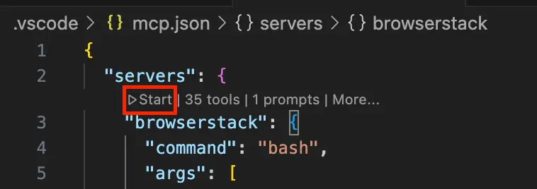 Screenshot showing the Start button in VS Code's mcp.json file to initiate the BrowserStack MCP server