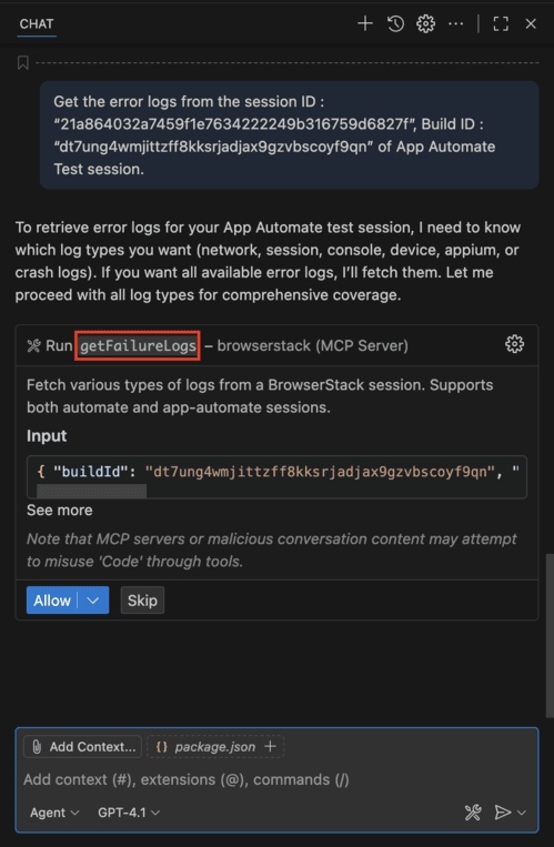Screenshot showing the MCP server prompt for retrieving error logs and the corresponding tool invocation in the IDE