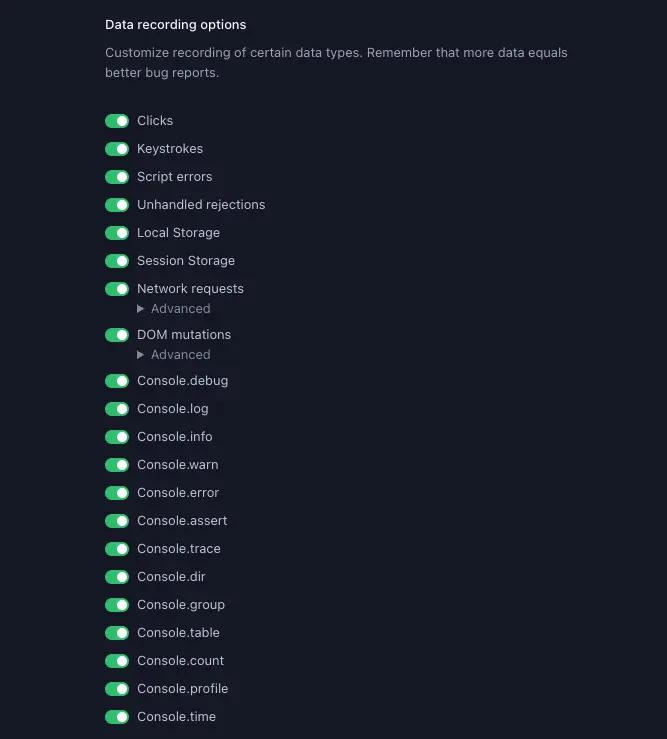 Data recording options