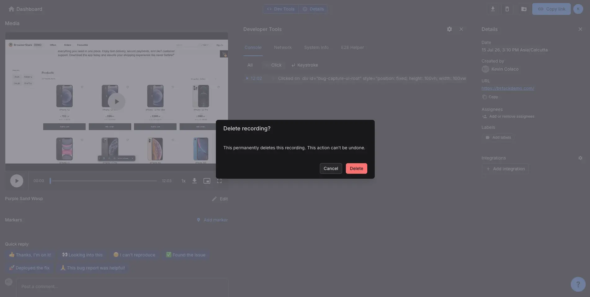 Delete recordings modal