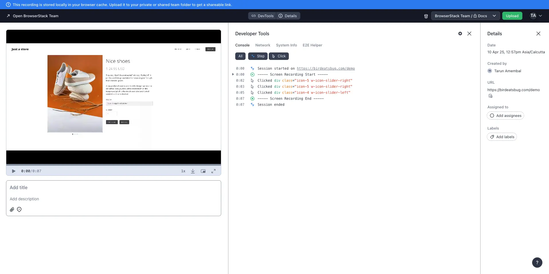 Recording with tech-mode enabled where technical logs are visible