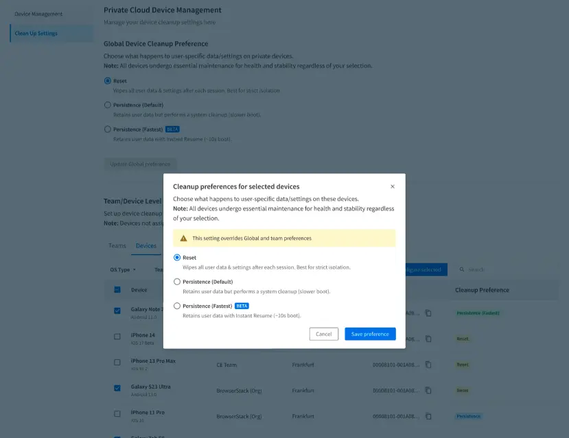 Device cleanup configuration
