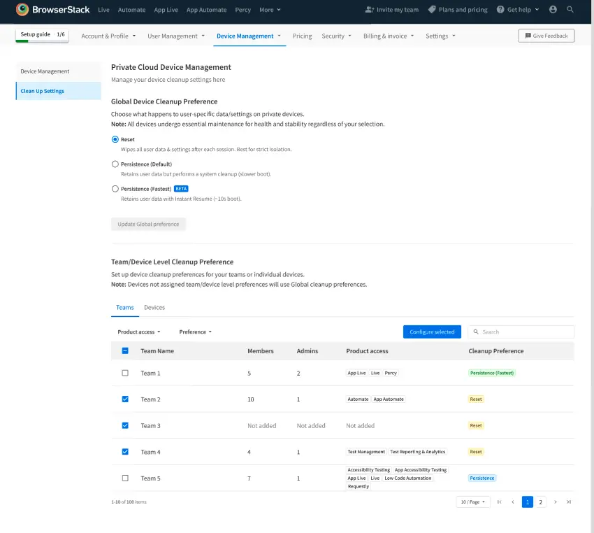 Device cleanup configuration