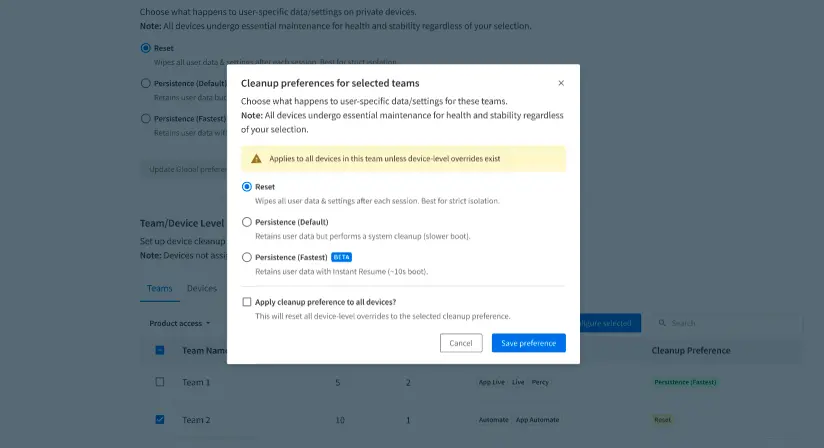 Team cleanup configuration