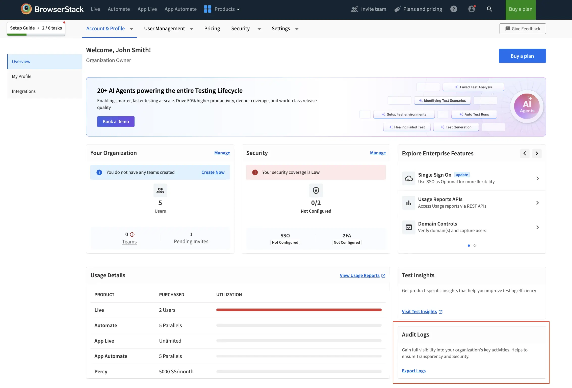 Overview page in Account showing Audit Logs section