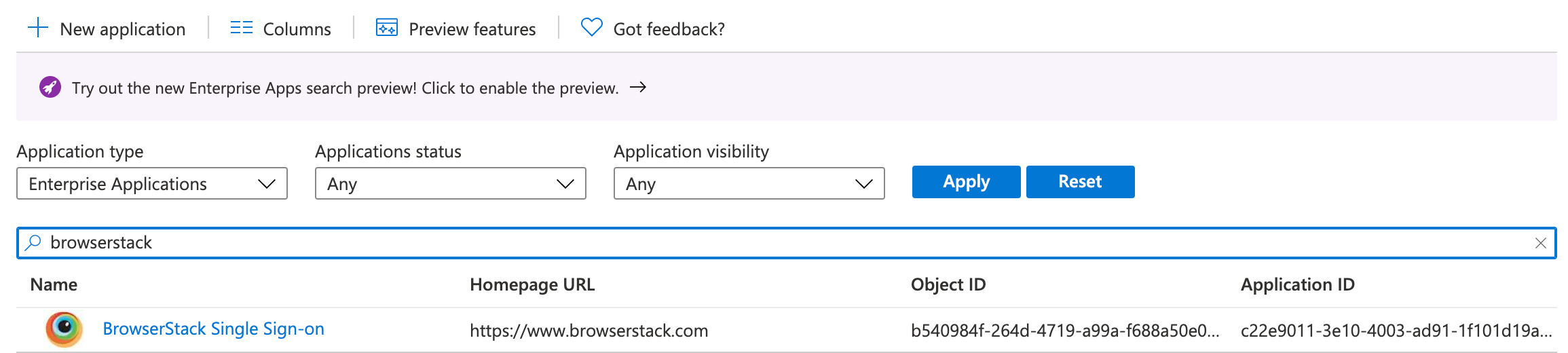 The BrowserStack Single Sign-on link in the Applications list