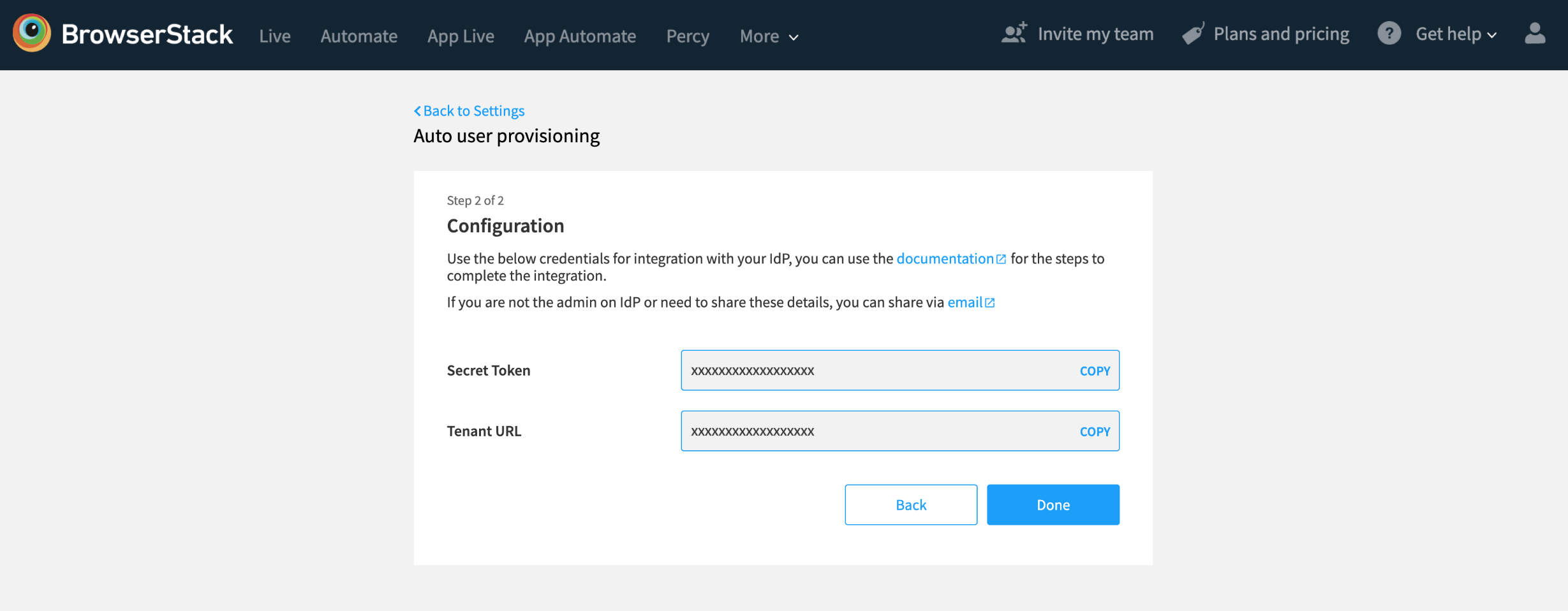 Provisioning tab of your BrowserStack application in the Azure portal