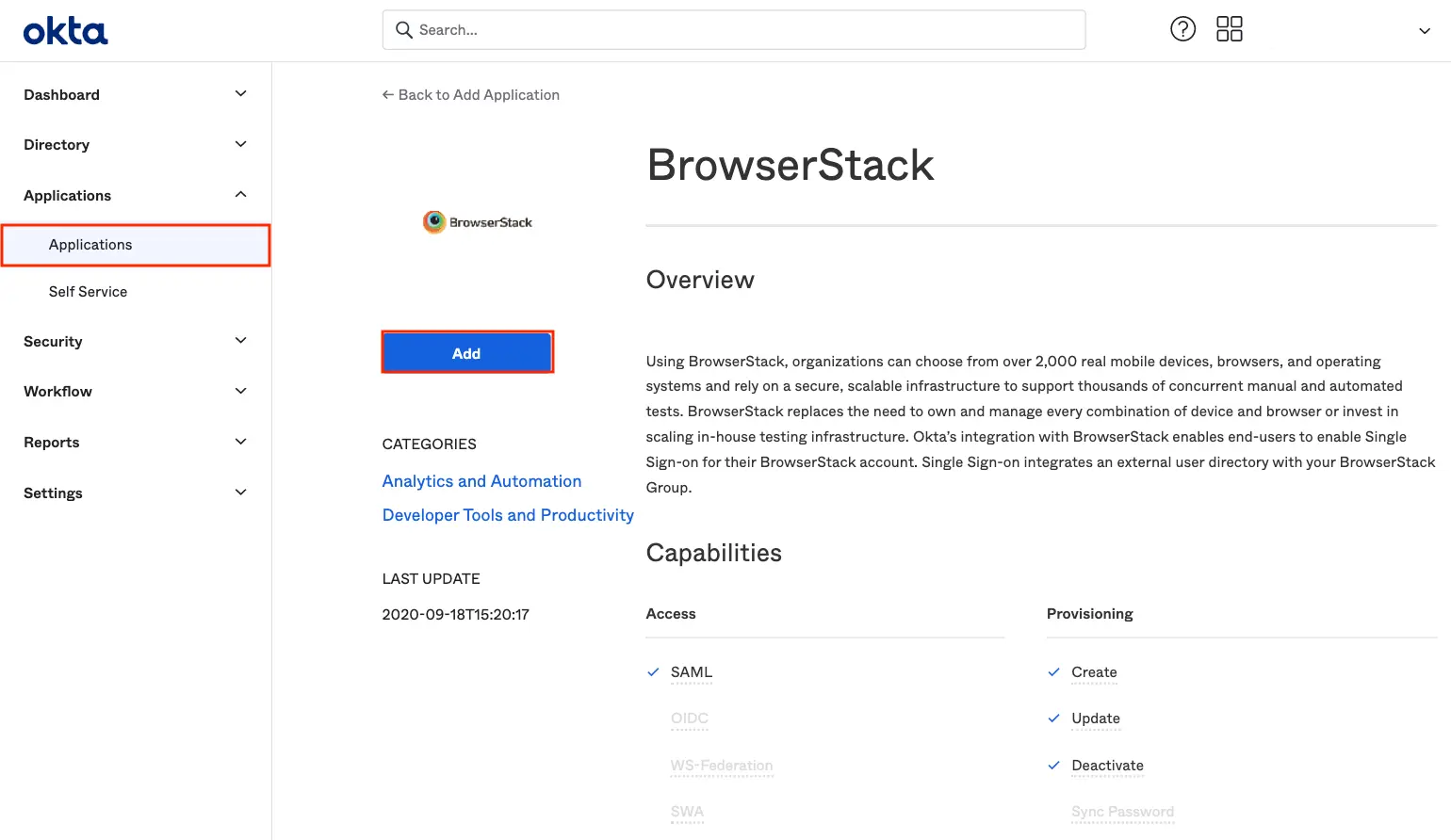 BrowserStack Application page on Octa