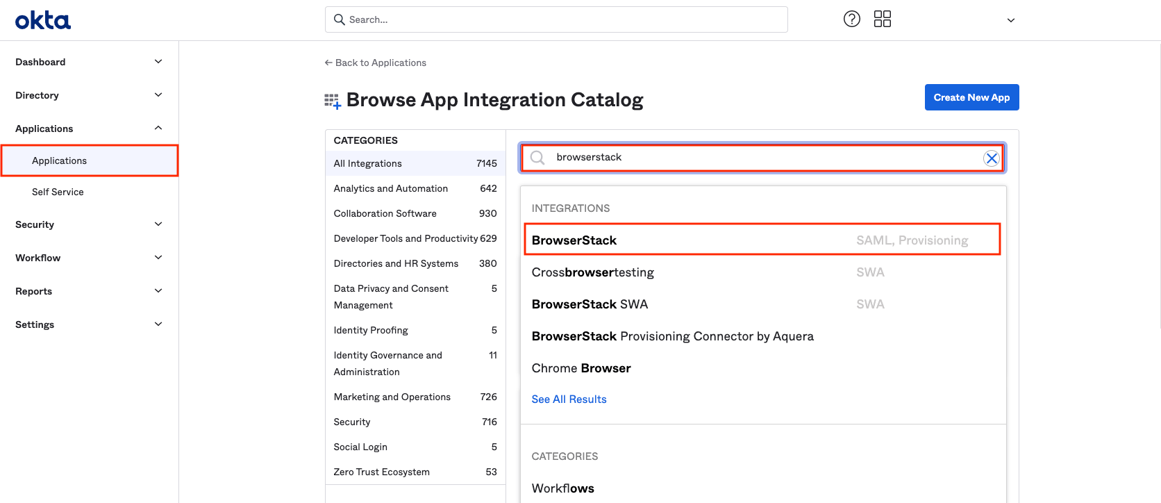 Find browserStack app under applications on okta and add it to your okta tenant