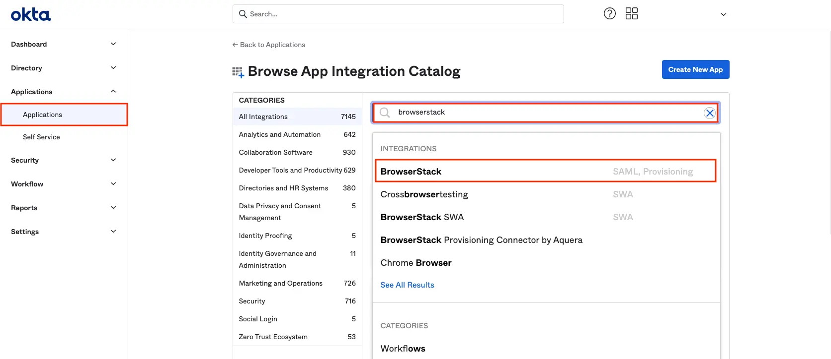 Find browserStack app under applications on okta and add it to your okta tenant
