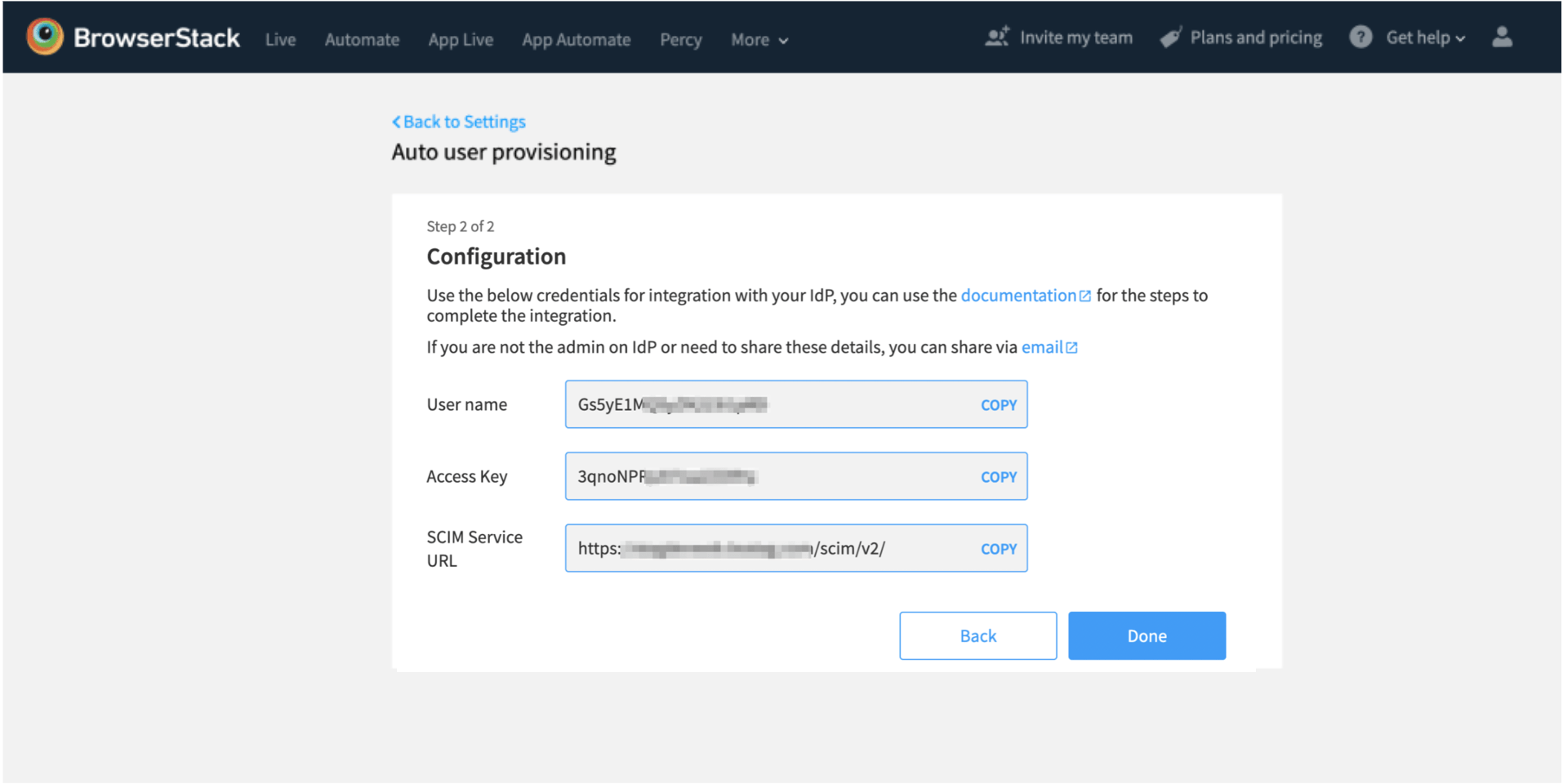 BrowserStack Account Settings Page having OpenSCIM configuration details